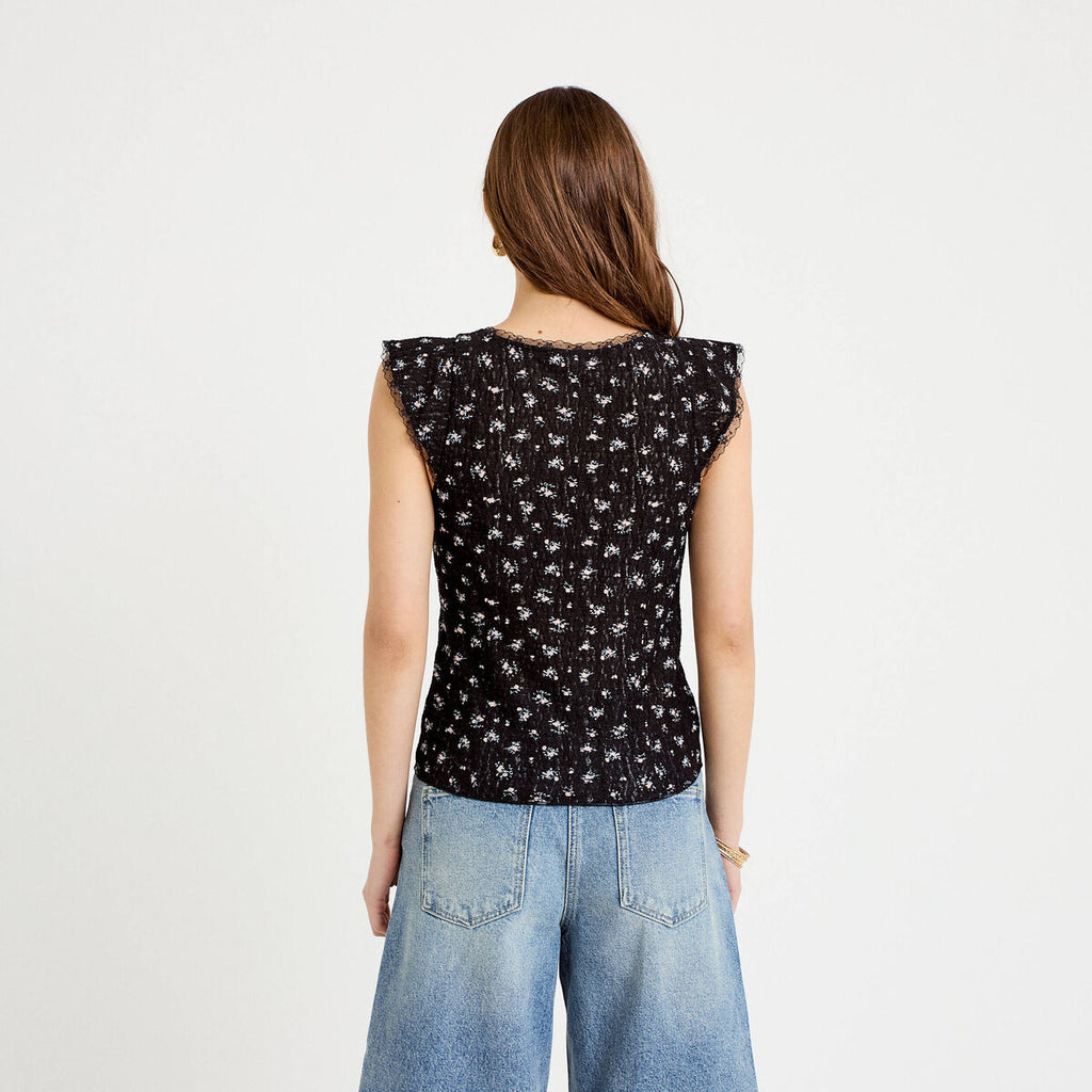 Top boutonné détails dentelle noir femme