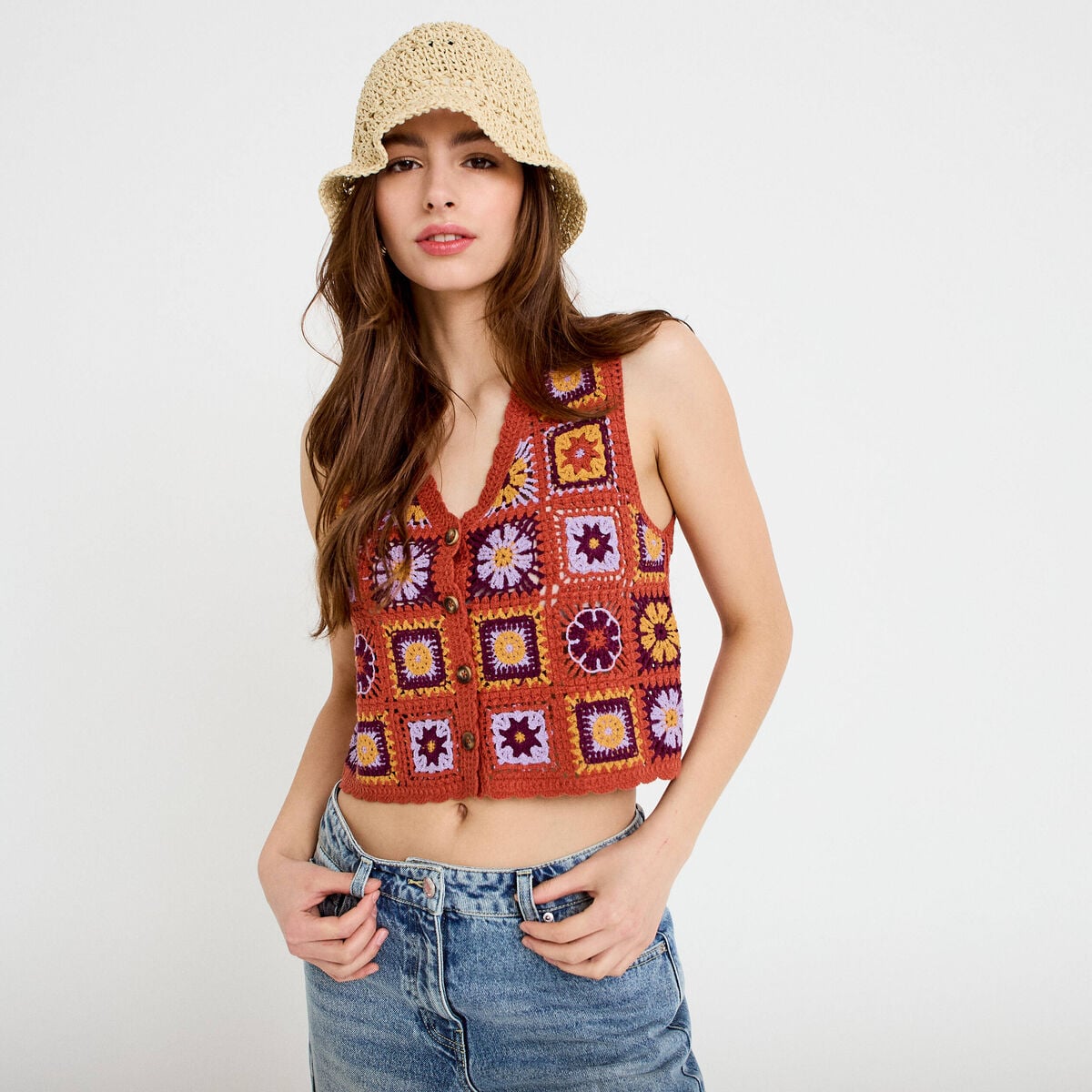 Gilet sans manches macramé vieux rose femme