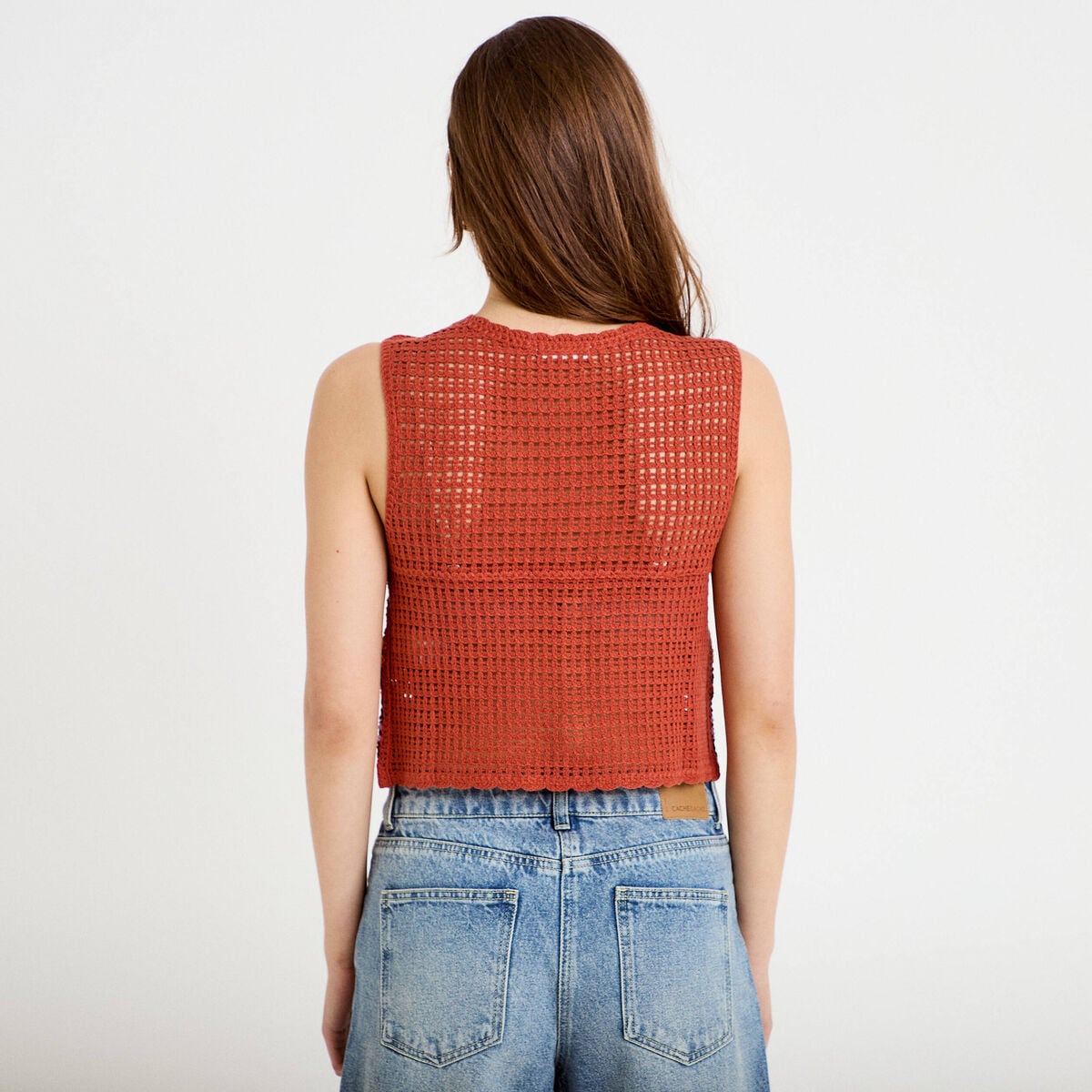 Gilet sans manches macramé vieux rose femme