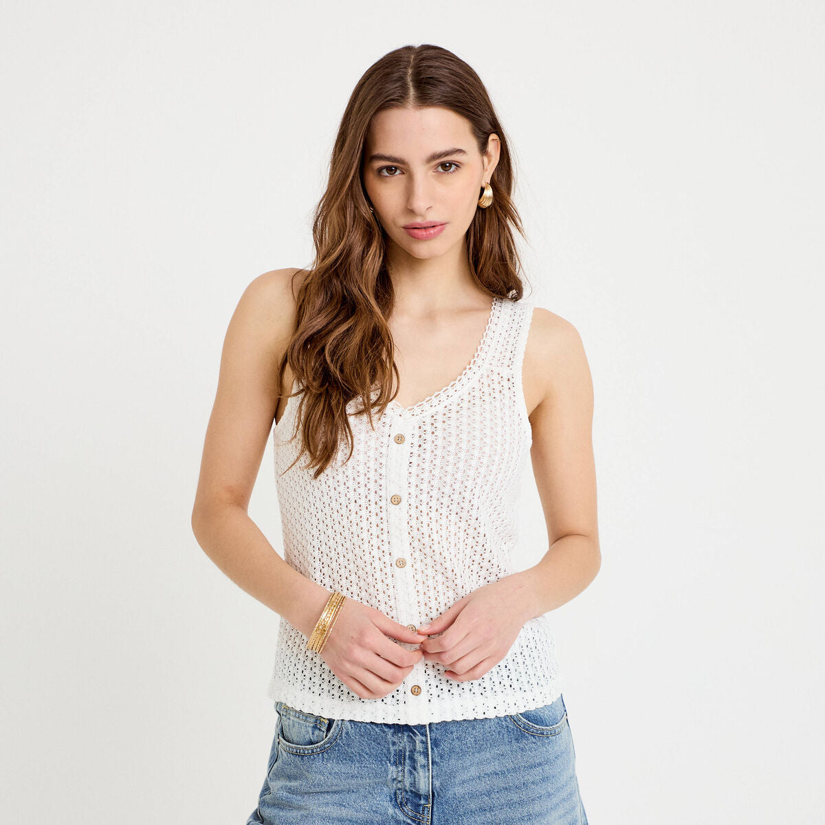 Débardeur ajouré aspect dentelle col v ecru femme