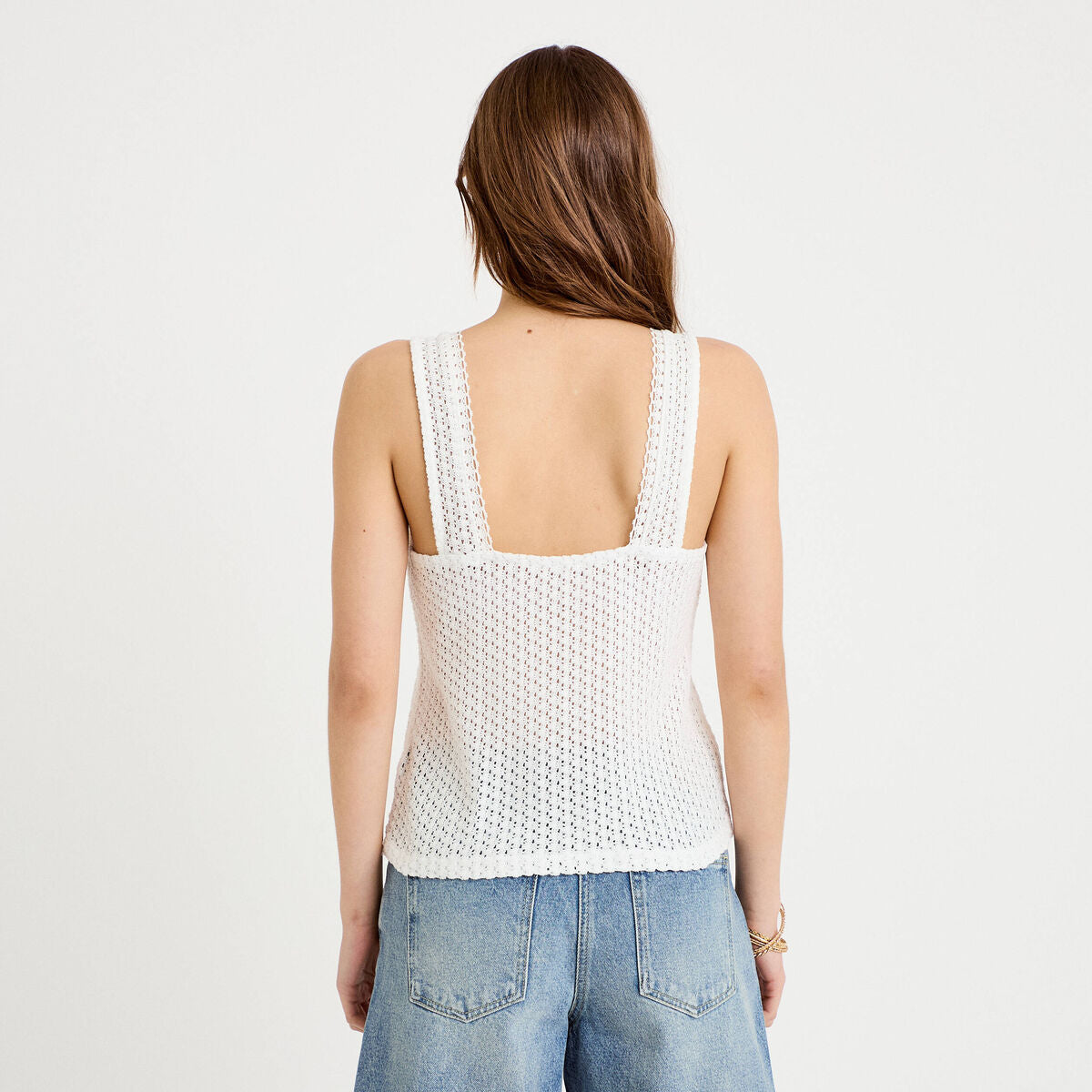Débardeur ajouré aspect dentelle col v ecru femme