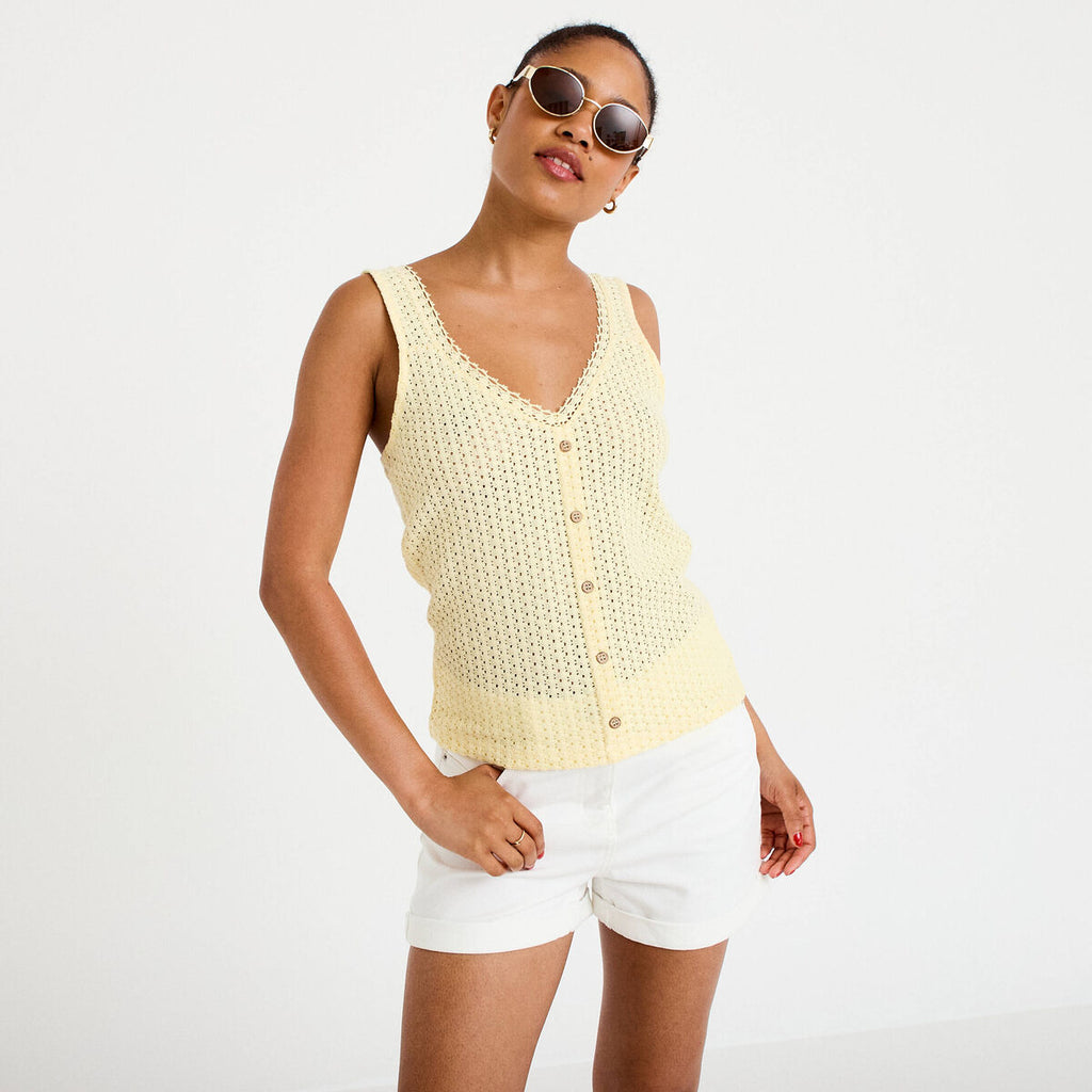Débardeur ajouré aspect dentelle col v jaune pastel femme