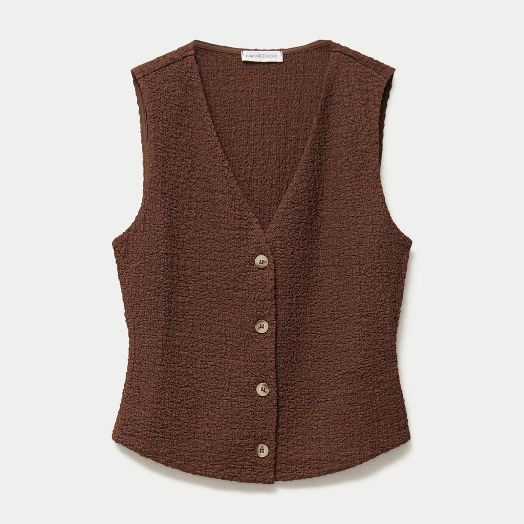Gilet sans manches col v marron femme