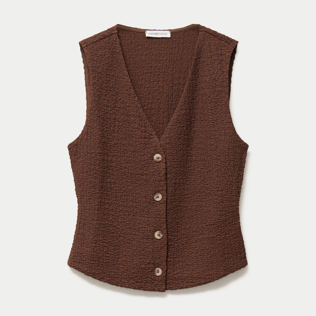 Gilet sans manches col v marron femme
