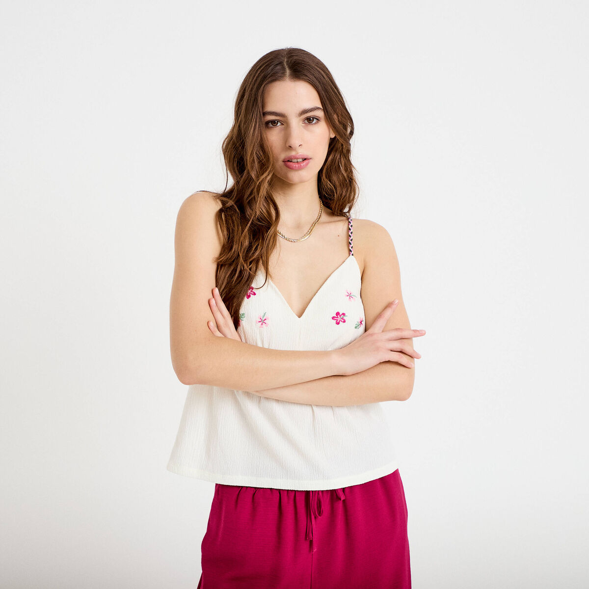 Débardeur ajusté détail broderie ecru femme