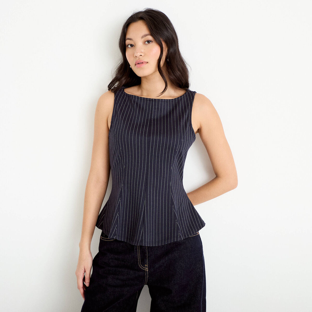 Top péplum sans manches col rond bleu femme