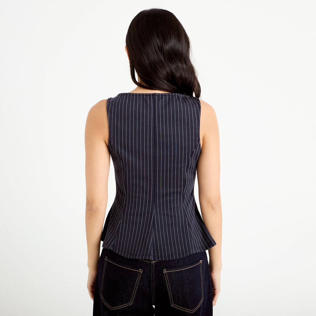Top péplum sans manches col rond bleu femme