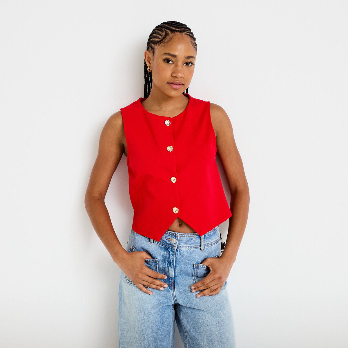 Gilet cintré sans manches col v rouge femme