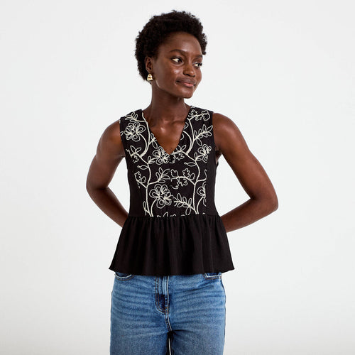 Blouse cintrée sans manches col v noir femme