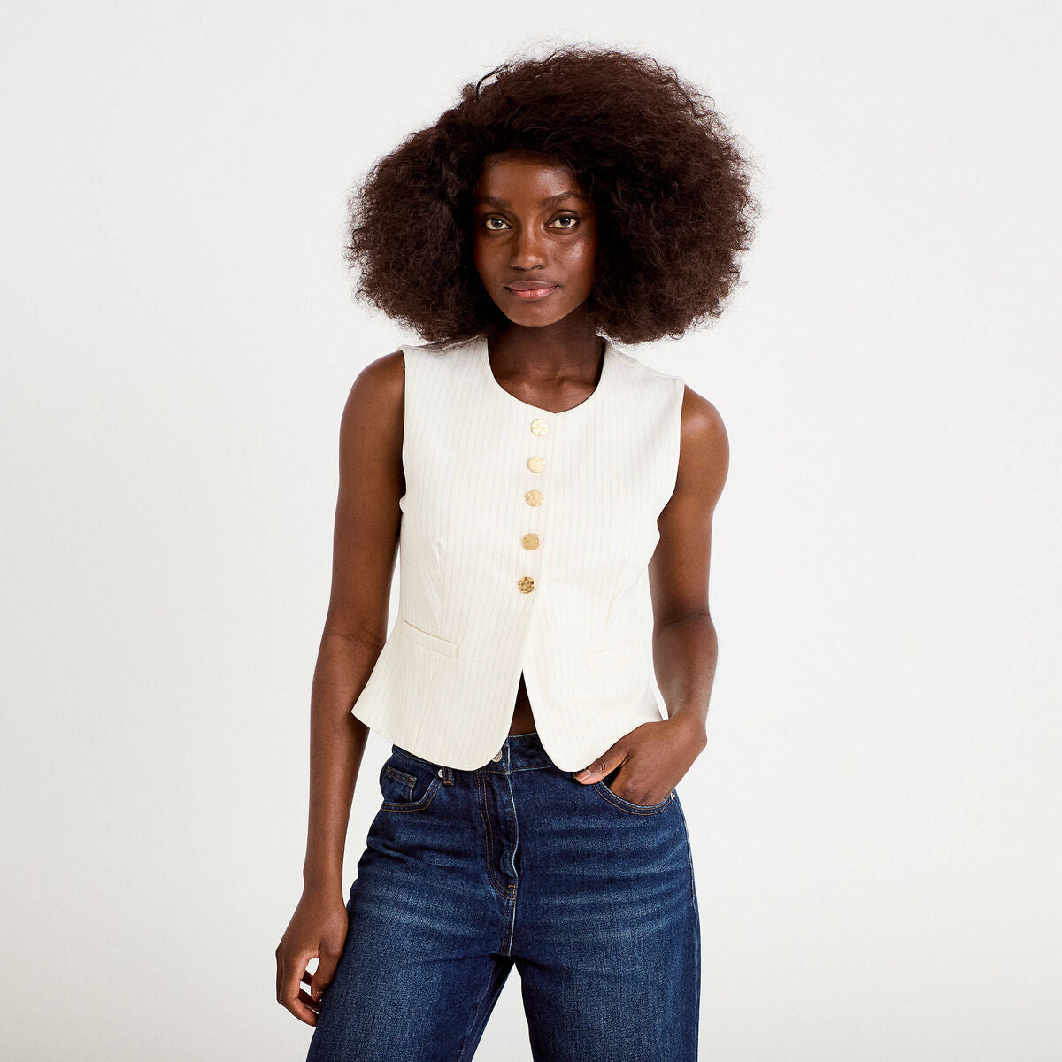 Gilet ajusté sans manches col rond ecru femme