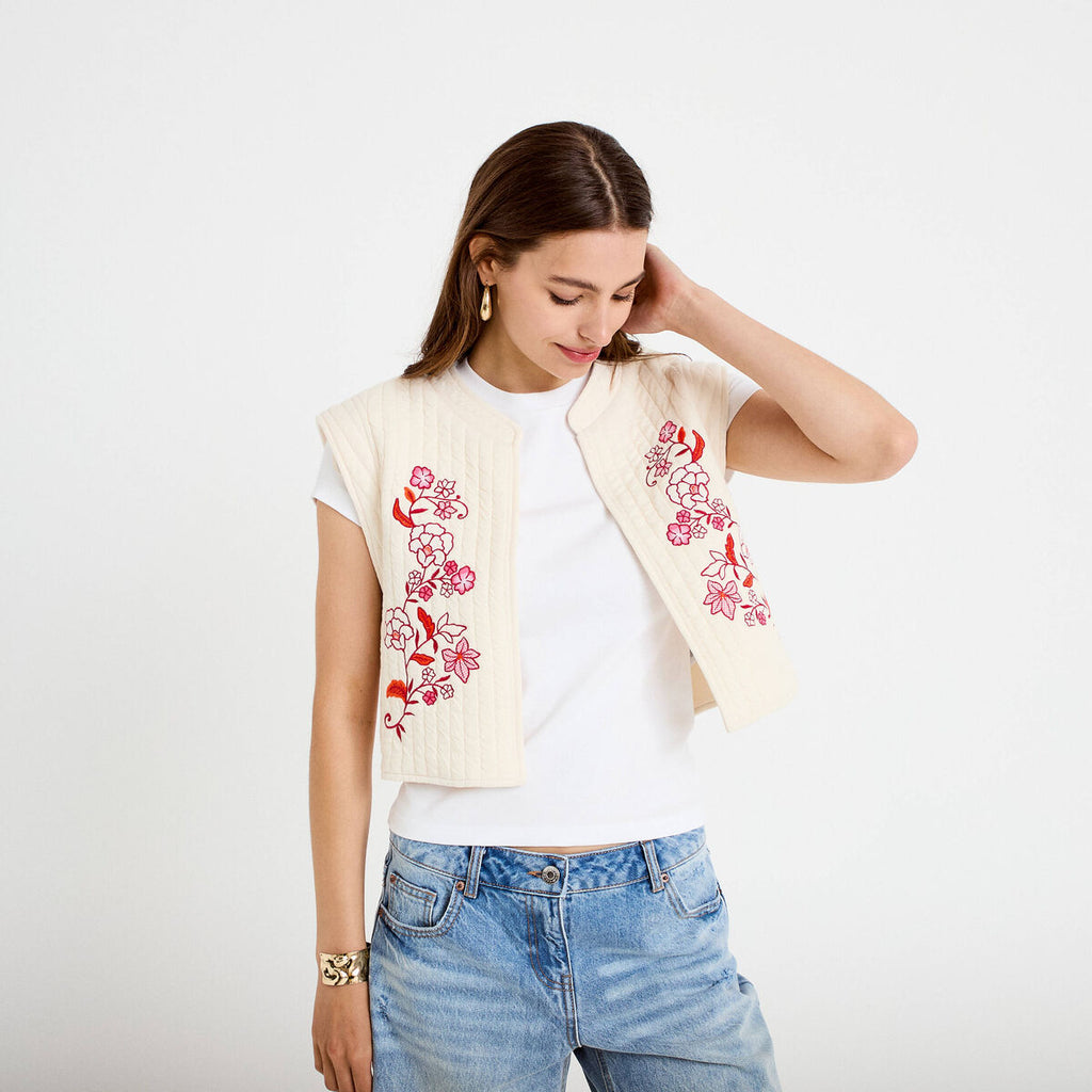 Gilet sans manches brodé blanc femme