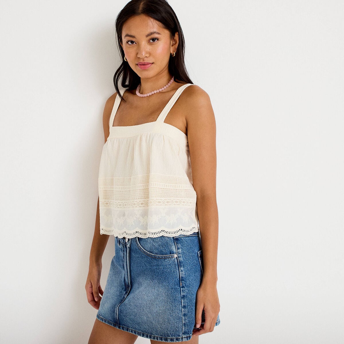 Top à bretelles broderie ecru femme