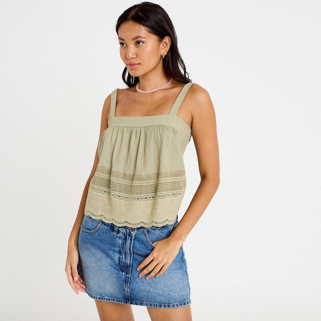 Top à bretelles broderie vert kaki femme
