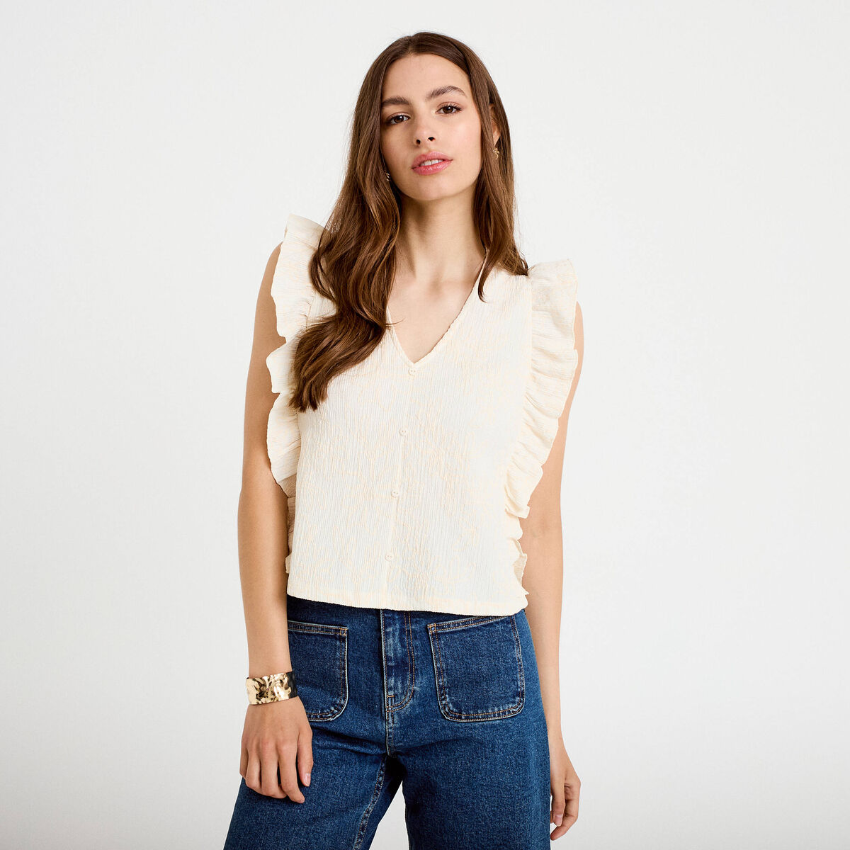 T-shirt sans manches col v brodé ecru femme