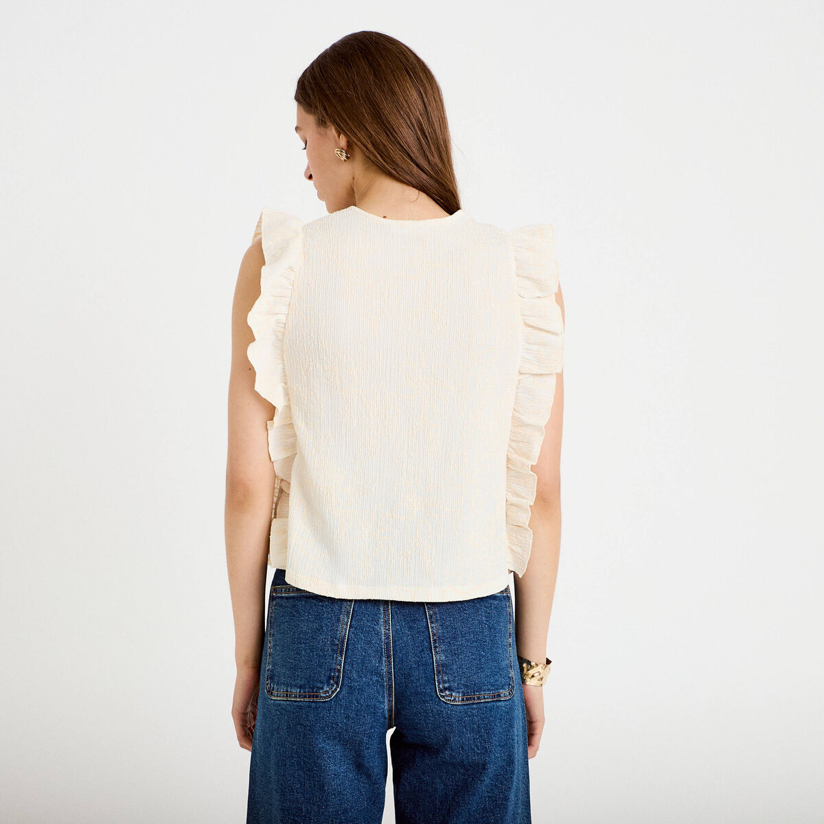 T-shirt sans manches col v brodé ecru femme