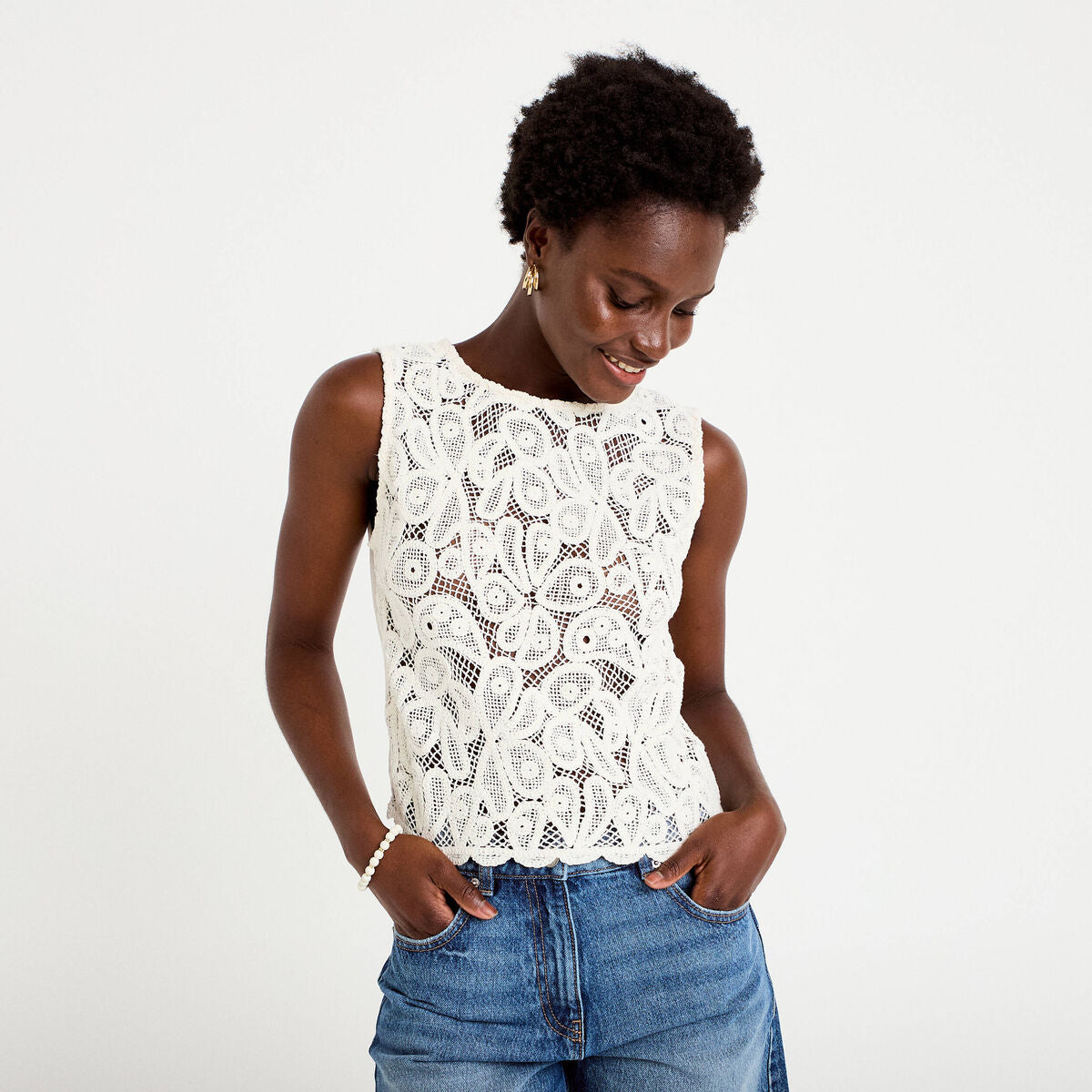 Débardeur col rond aspect dentelle ecru femme