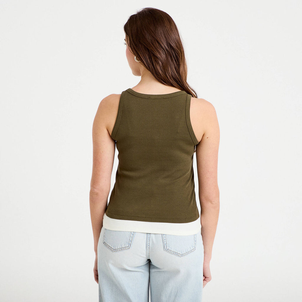 Débardeur ajusté col rond vert kaki femme