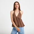 Top décolleté sans manches plissé marron foncé femme