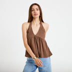 Top décolleté sans manches plissé marron foncé femme