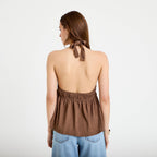 Top décolleté sans manches plissé marron foncé femme