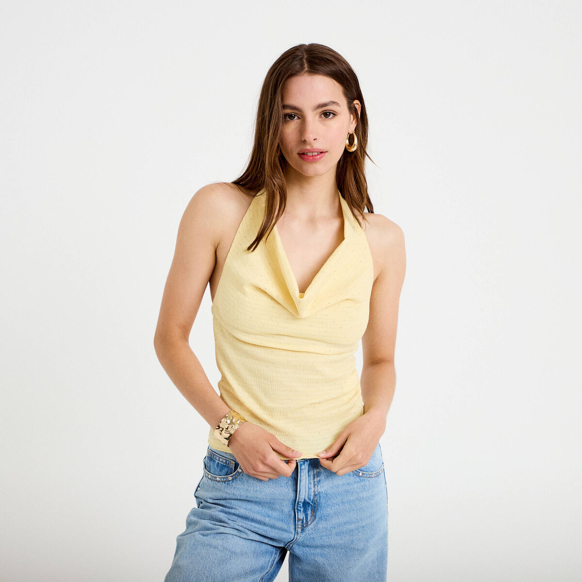 Top ajusté sans manches col bénitier jaune pastel femme