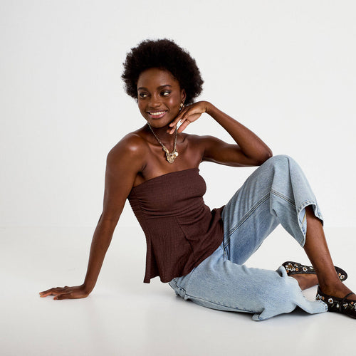 Bustier péplum ajusté cropped plissé marron foncé femme