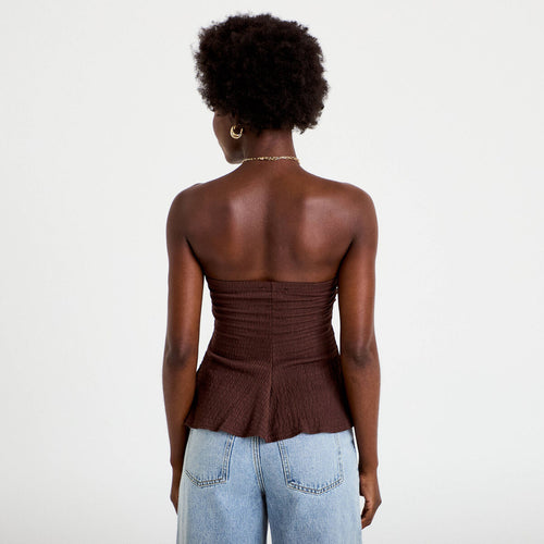 Bustier péplum ajusté cropped plissé marron foncé femme