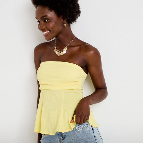 Bustier péplum ajusté cropped plissé jaune pastel femme