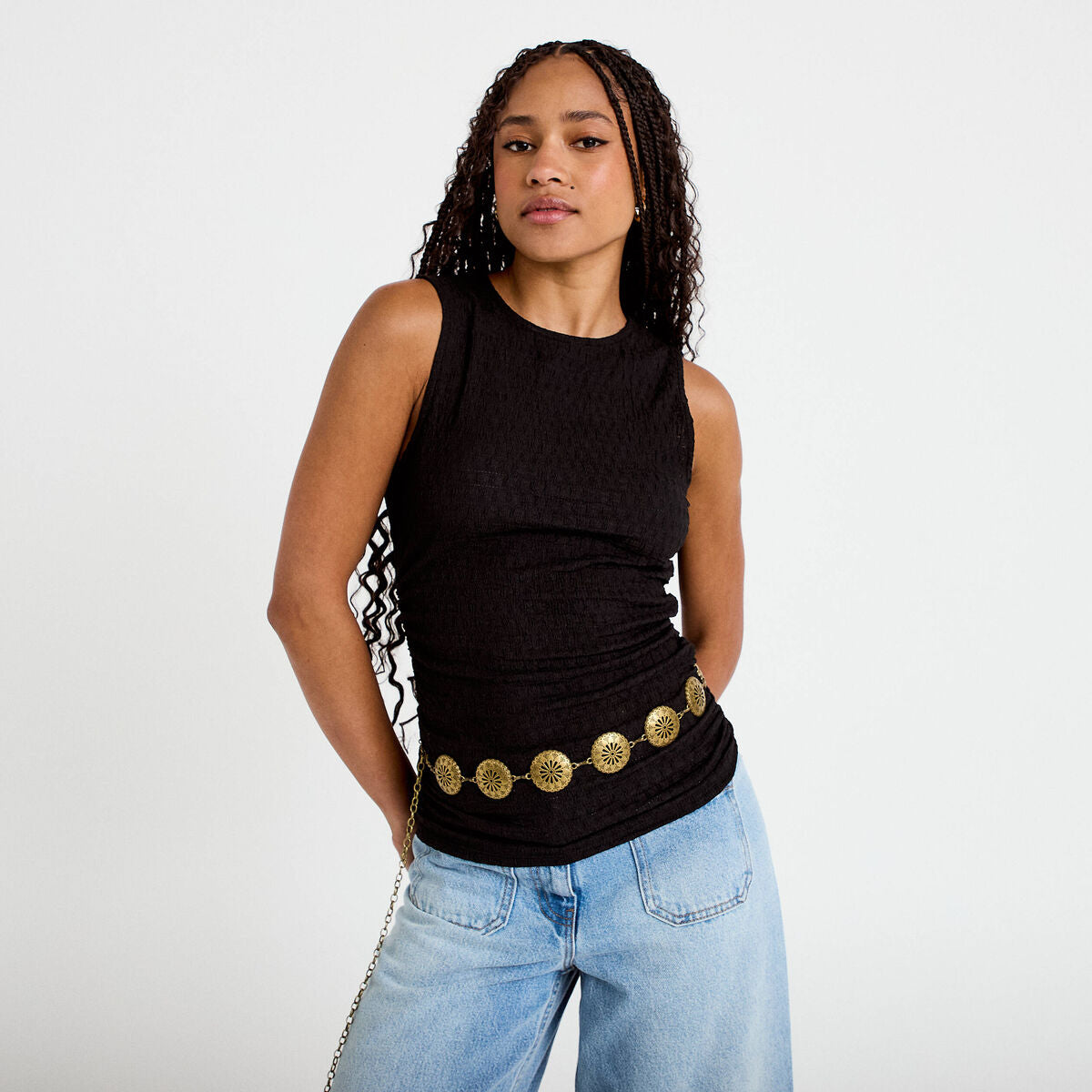 Débardeur ajouré col rond noir femme