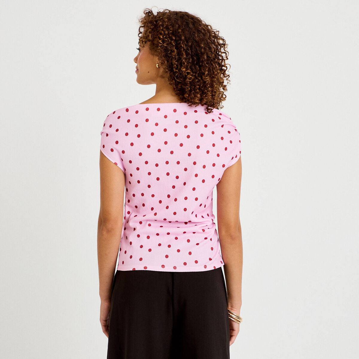 Top plissé col bardot sans manches rose clair femme