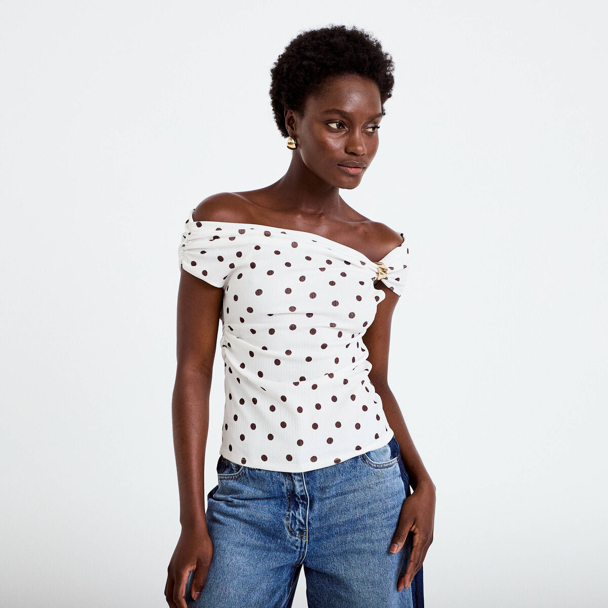 Top plissé col bardot sans manches blanc femme