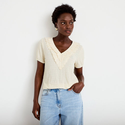 Blouse plissée col v manches courtes ecru femme