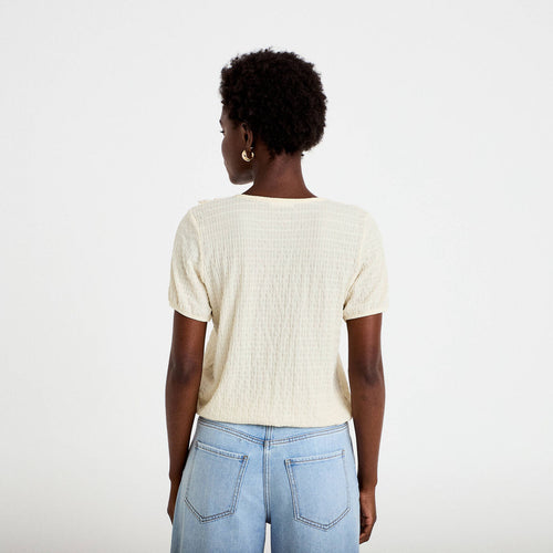 Blouse plissée col v manches courtes ecru femme