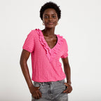 Blouse plissée col v manches courtes rose fushia femme