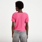 Blouse plissée col v manches courtes rose fushia femme