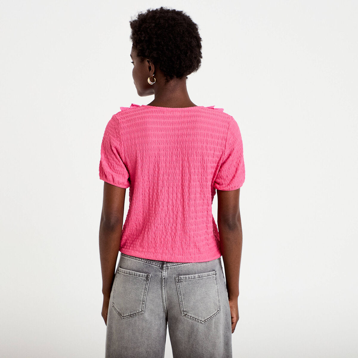 Blouse plissée col v manches courtes rose fushia femme