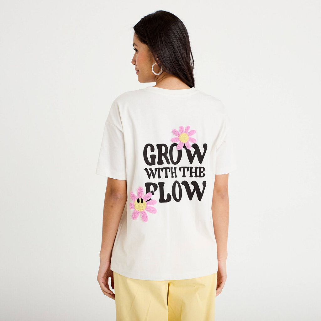 T-shirt col rond manches courtes ecru femme