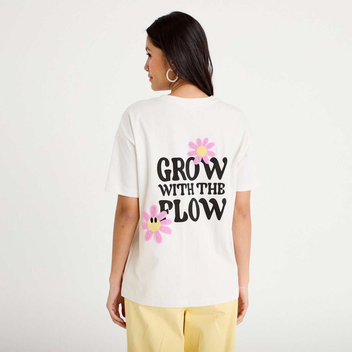 T-shirt col rond manches courtes ecru femme