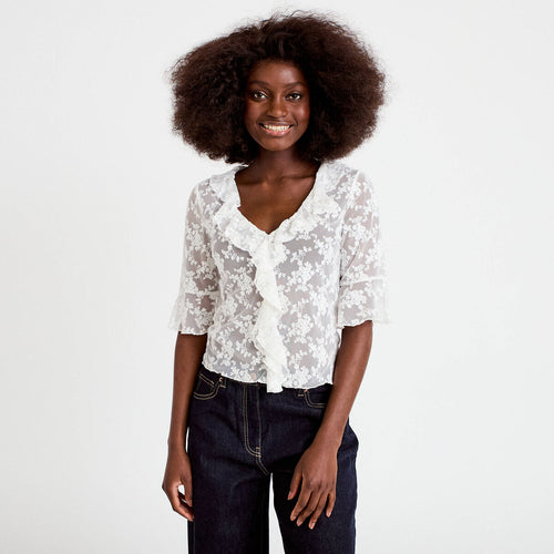 Blouse dentelle à volants ecru femme