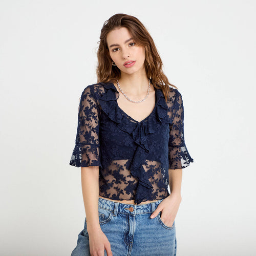 Blouse dentelle à volants bleu marine femme