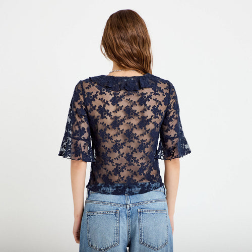 Blouse dentelle à volants bleu marine femme
