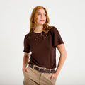 T-shirt manches courtes aspect dentelle marron foncé femme