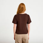 T-shirt manches courtes aspect dentelle marron foncé femme