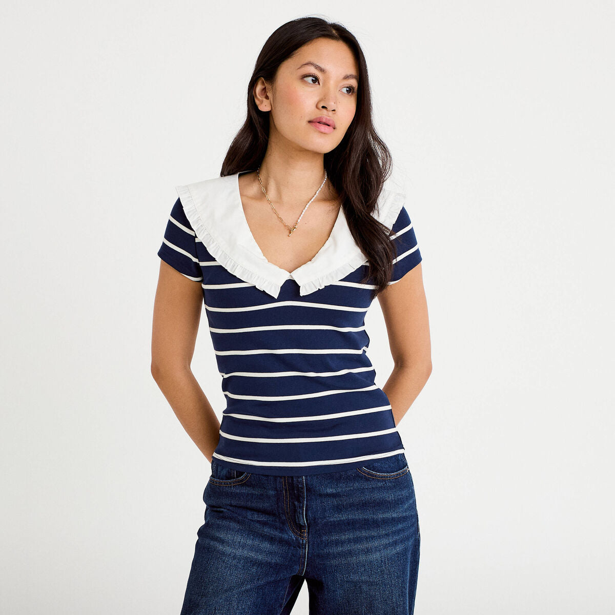 T-shirt col marin à volants ecru femme