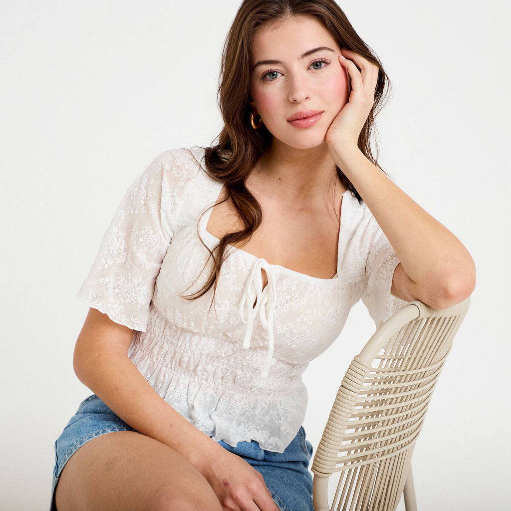 Blouse cintrée col carré dentelle ecru femme
