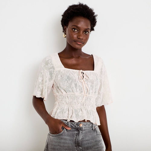 Blouse cintrée col carré dentelle rose clair femme
