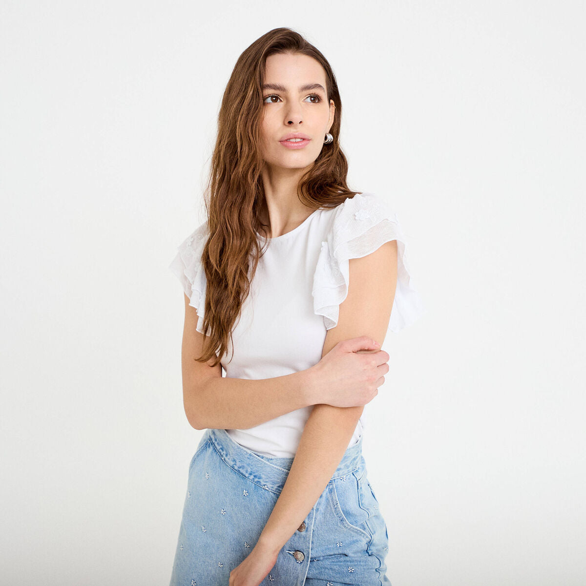 T-shirt ajusté dentelle col rond blanc femme