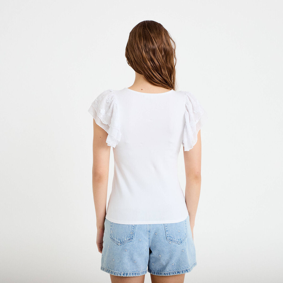 T-shirt ajusté dentelle col rond blanc femme