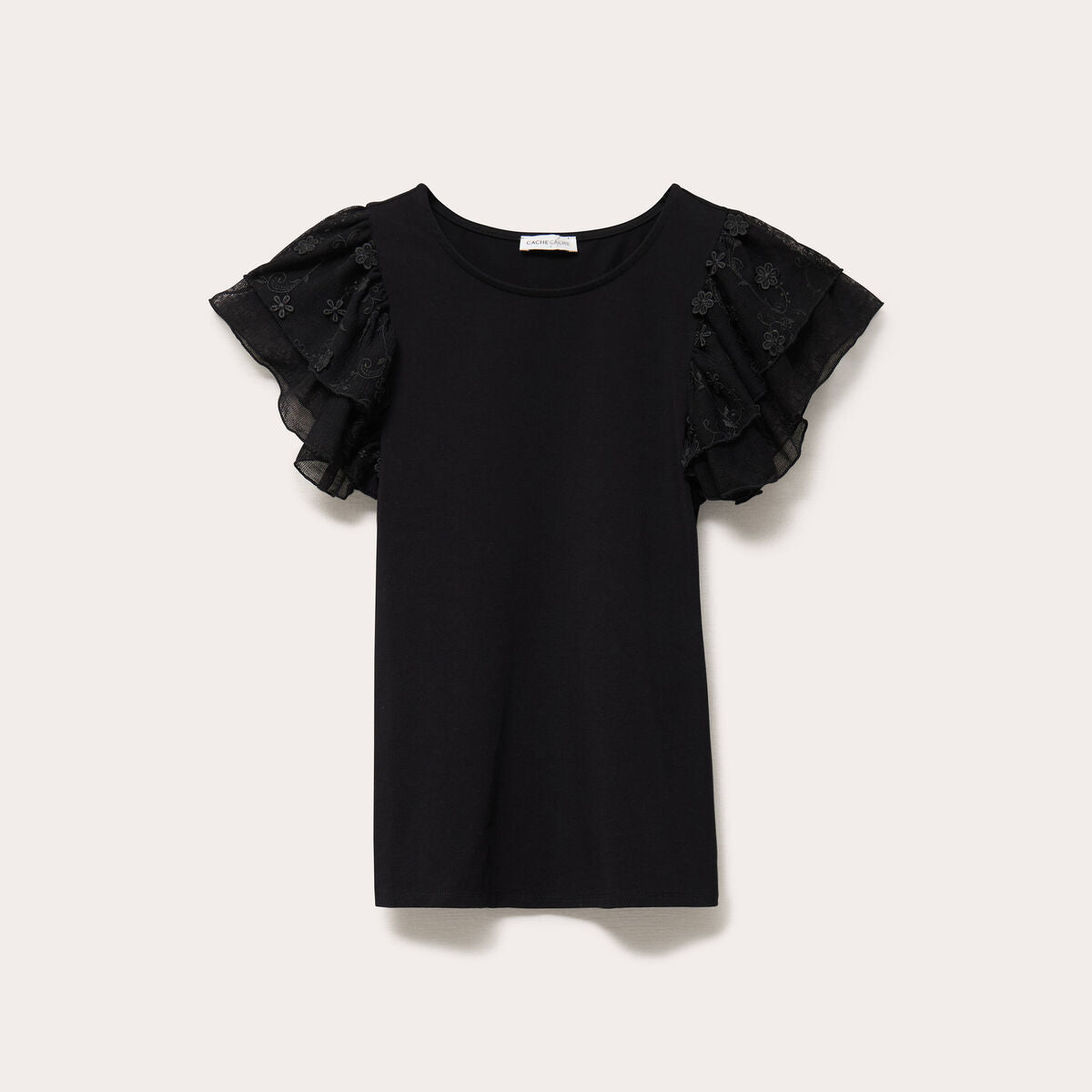 T-shirt ajusté dentelle col rond noir femme