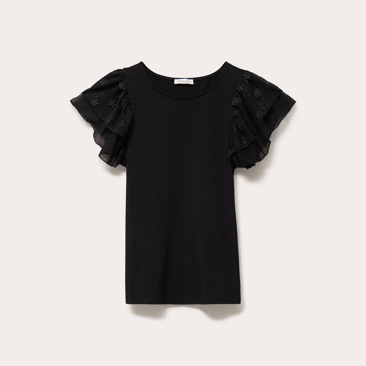 T-shirt ajusté dentelle col rond noir femme